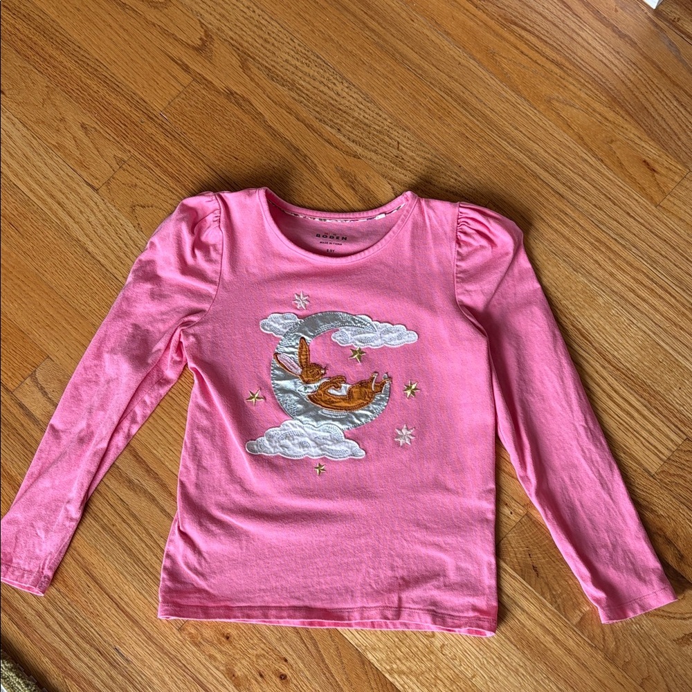 Mini Boden 
BUNNY Pink Long-Sleeve Shirt with Bunny Moon & Cloud Embroidery